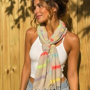 Multicolor Striped Summer Scarf Neon Gauze Crinkle Frayed Edge Wrap Beige Boho